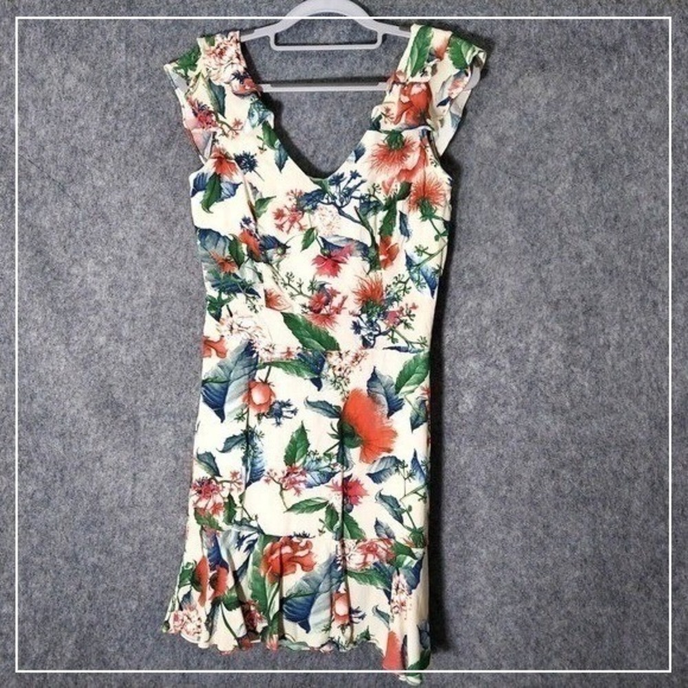 Maria Filo Women Dress M Cream Floral Resort Ruffle V Neck Mini Fit Flare Lined